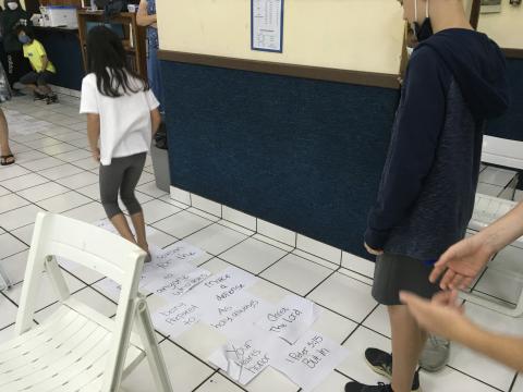 Students learn the Scripture through "Bible Memory Hopscotch".